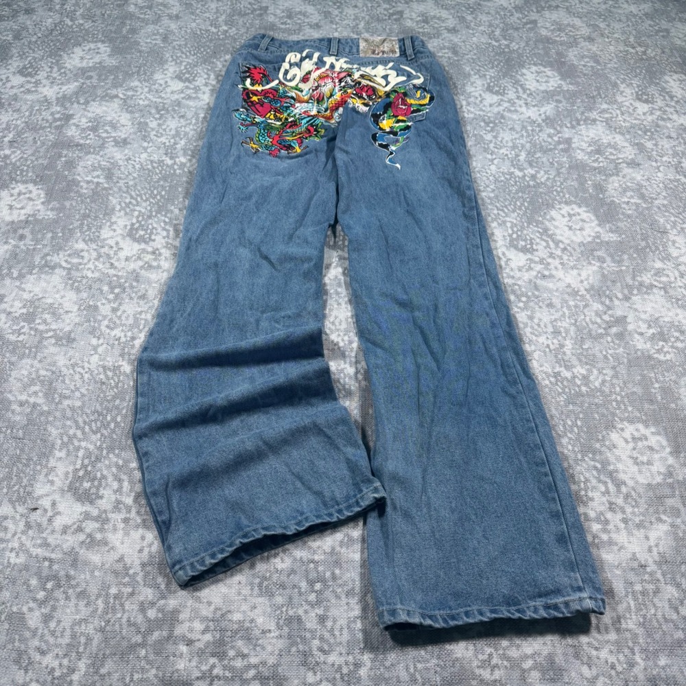 Ed Hardy Graphic Jeans Mens 26 Blue Baggy Wide Leg Tattoo Print Y2K Skater
